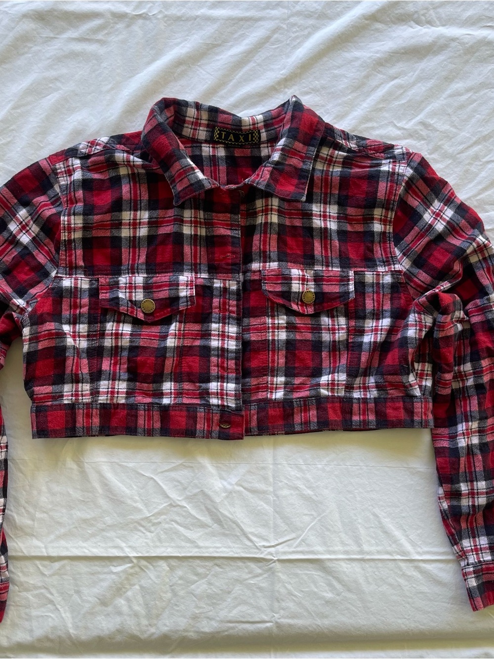 TAXI Red Plaid Cropped Button-Front Shirt Jacket